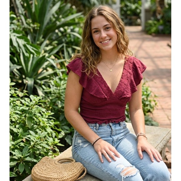 stradivarius Tops - Stradivarius Smocked Crop Top Pink Embroidered Ruffle V-Neck Boho Sleeveless S